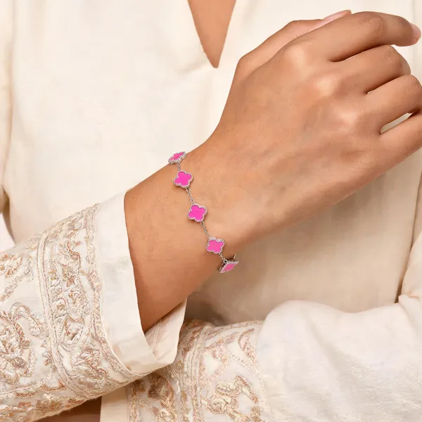 Silver_Pink_Enamel_Clover_Charm_Bracelet_For_Women