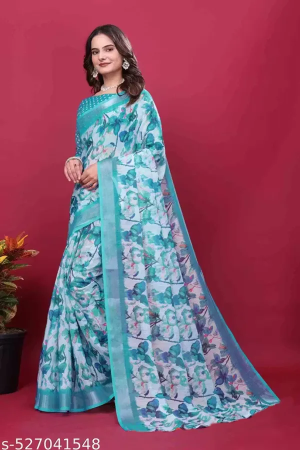 Aqua_Blue_Floral_LINEN_Saree_for_Women_|_Elegant_Party_Wear_&_Festive_Saree