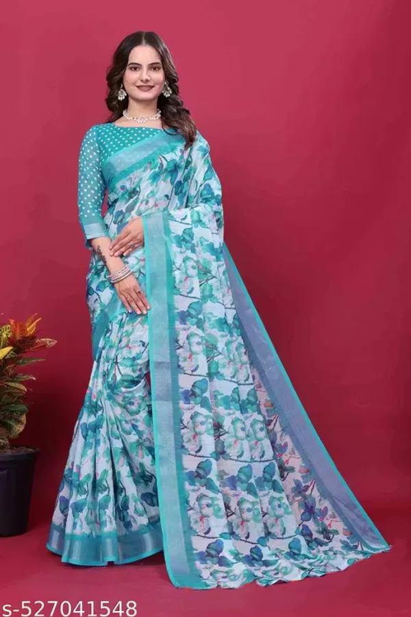 Aqua_Blue_Floral_LINEN_Saree_for_Women_|_Elegant_Party_Wear_&_Festive_Saree