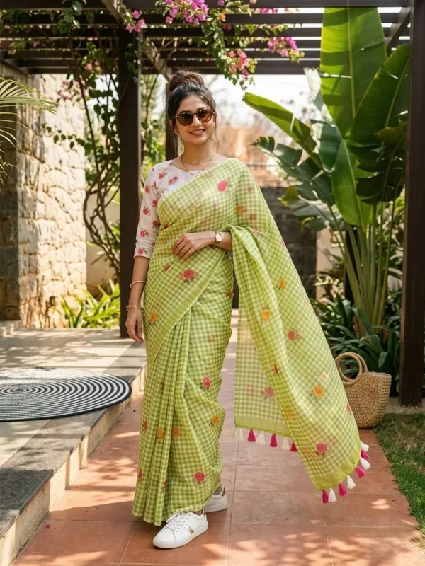 Gingham_Linen-Cotton_Saree_|_Soft_Green_Floral_Linen_cotton_saree