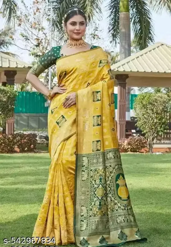 Golden_Yellow_&_Bottle_Green_Jacquard_Silk_Saree_–_Traditional_Kalash_&_Elephant_Motif_Pallu_Festive_Saree_with_Blouse_Piece