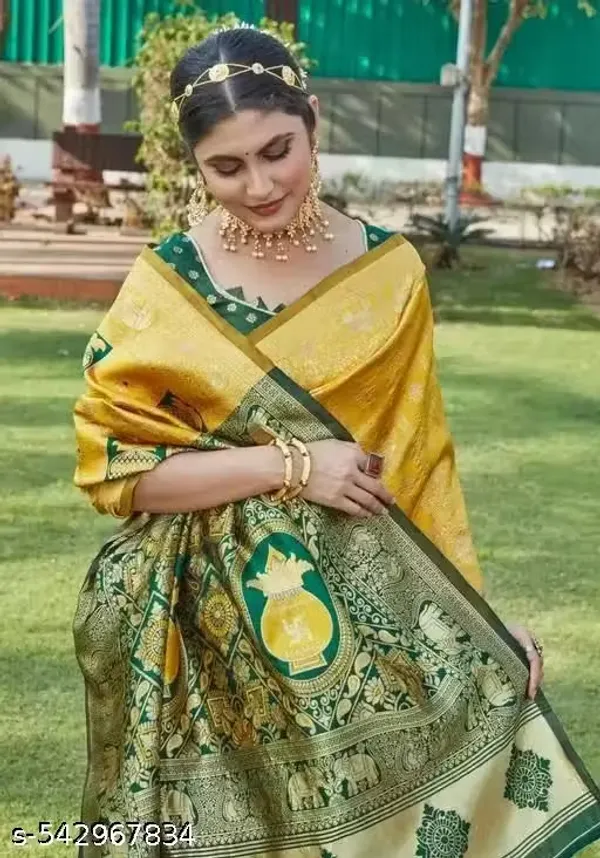 Golden_Yellow_&_Bottle_Green_Jacquard_Silk_Saree_–_Traditional_Kalash_&_Elephant_Motif_Pallu_Festive_Saree_with_Blouse_Piece