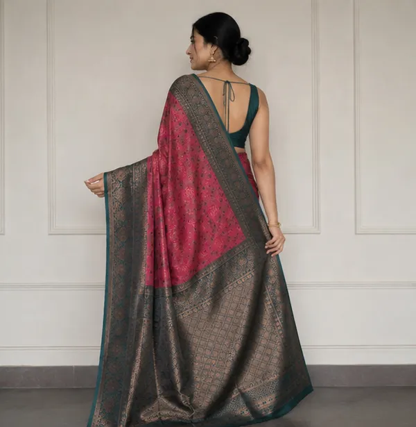 Heritage_Deep_Pink_&_Dark_Teal_Jacquard_Silk_Saree_–_Antique_Zari_Geometric_Pallu_Traditional_Saree_with_Blouse_Piece