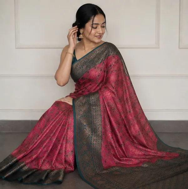 Heritage_Deep_Pink_&_Dark_Teal_Jacquard_Silk_Saree_–_Antique_Zari_Geometric_Pallu_Traditional_Saree_with_Blouse_Piece