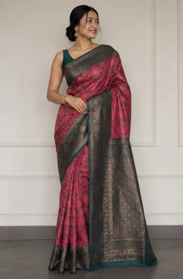 Heritage_Deep_Pink_&_Dark_Teal_Jacquard_Silk_Saree_–_Antique_Zari_Geometric_Pallu_Traditional_Saree_with_Blouse_Piece