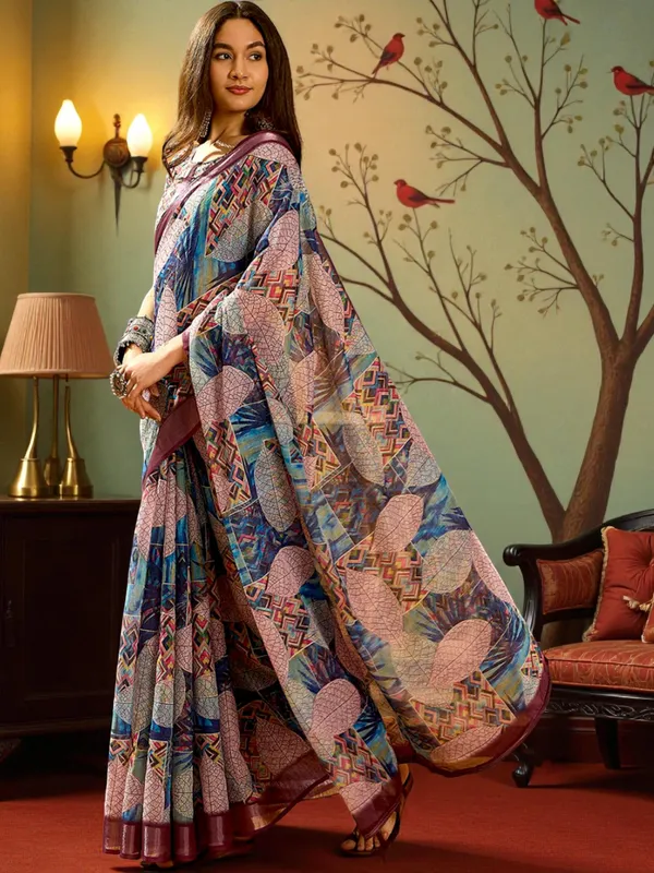 Heritage_Leaf_Weave_LINEN_Saree_|_Artisan_Leaf_Pattern_Saree