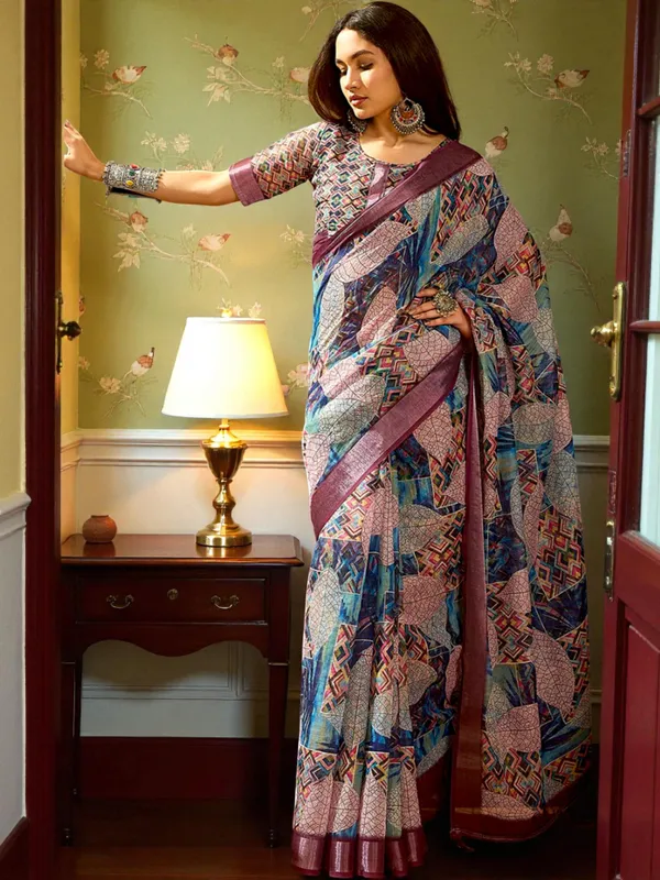 Heritage_Leaf_Weave_LINEN_Saree_|_Artisan_Leaf_Pattern_Saree