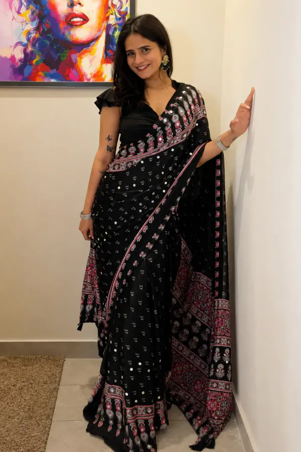 Mirror_Ajrakh_Modal_Silk_Saree_With_Blouse_Set