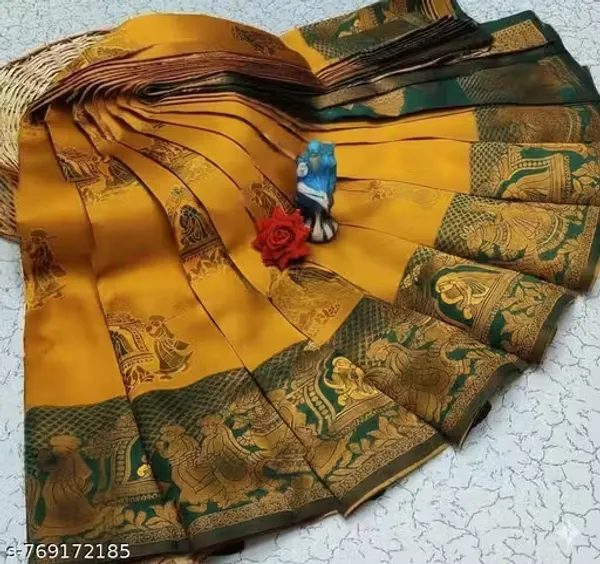 Mustard_Gold_&_Bottle_Green_Jacquard_Silk_Saree_–_Traditional_Baaraat_&_Elephant_Motif_Festive_Saree_with_Blouse_Piece