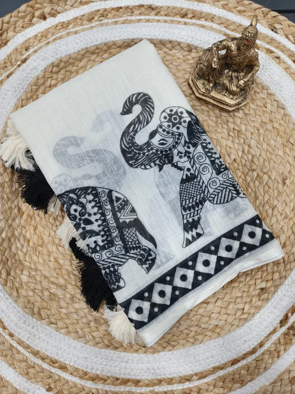 Black_And_White_Premium_Quality_Linen_With_Artistic_Digital_Print_&_Blouse_Piece_Saree_For_Women