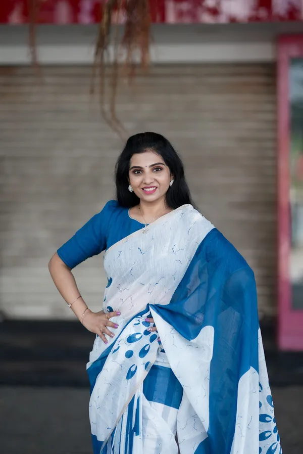 White_And_Blue_Premium_Linen_With_Exclusive_Digital_Print_And_Jalar_Craft_Saree_For_Women