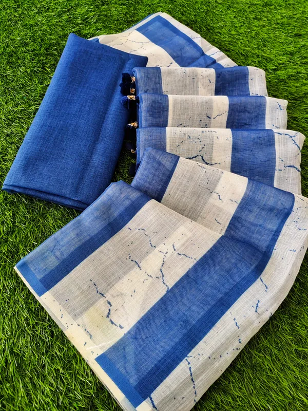 White_And_Blue_Premium_Linen_With_Exclusive_Digital_Print_And_Jalar_Craft_Saree_For_Women