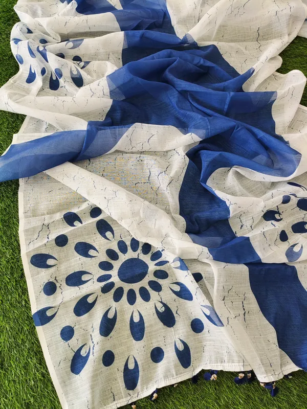 White_And_Blue_Premium_Linen_With_Exclusive_Digital_Print_And_Jalar_Craft_Saree_For_Women