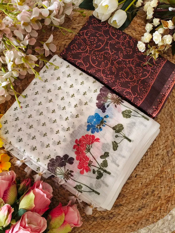 White_Designer_Linen_With_Luxury_Digital_Print_&_Blouse_Piece_With_Saree_For_Women