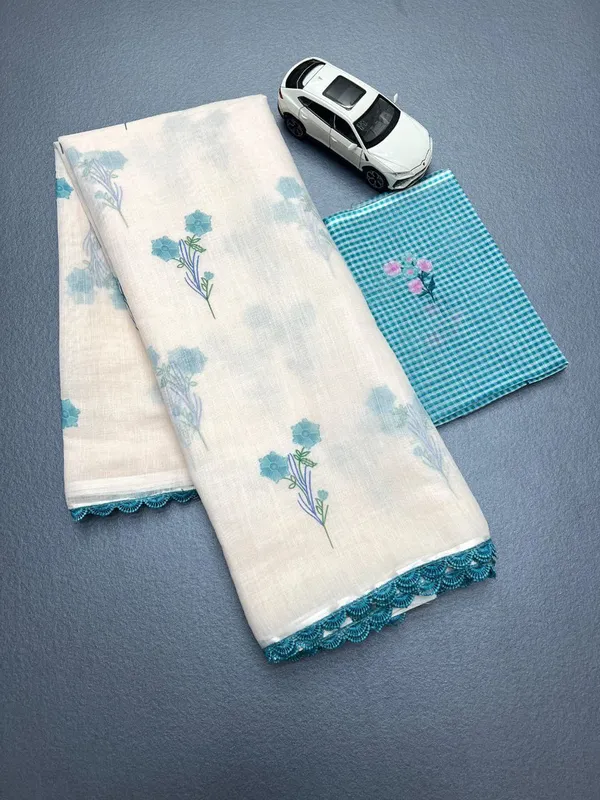 White_Luxury_Linen_With_Elegant_Design_And_Handmade_Finish_Saree_For_Women