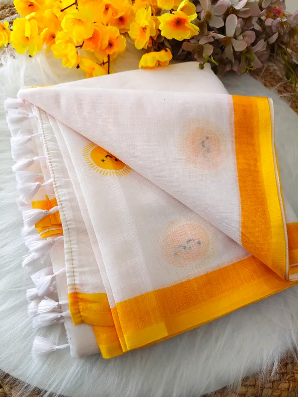 White_Premium_Linen_With_Handcrafted_Border_&_Print_Saree_For_Women
