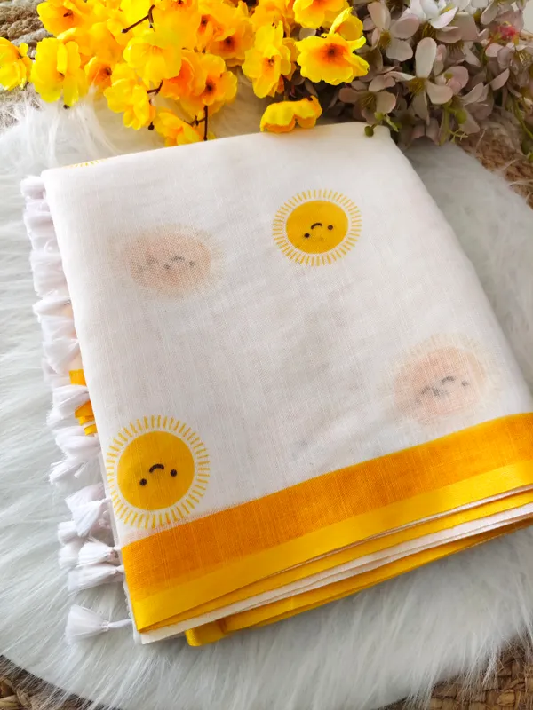 White_Premium_Linen_With_Handcrafted_Border_&_Print_Saree_For_Women
