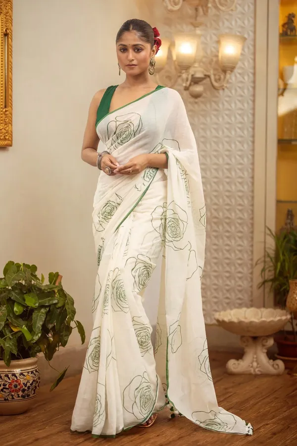 White_Luxury_Linen_With_Exclusive_Print_And_Artisan_Craft_Saree_For_Women