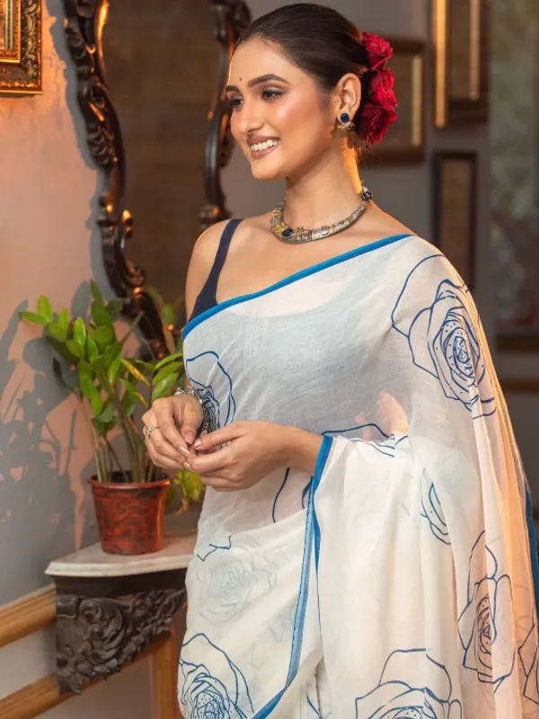 White_Premium_Linen_With_Timeless_Design_&_Blouse_With_Saree_For_Women