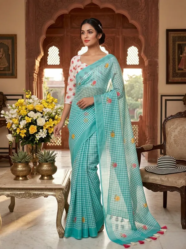 Refreshing_Linen-Cotton_Gingham_Saree_|_Artisanal_Pure_Linen-Cotton_Saree