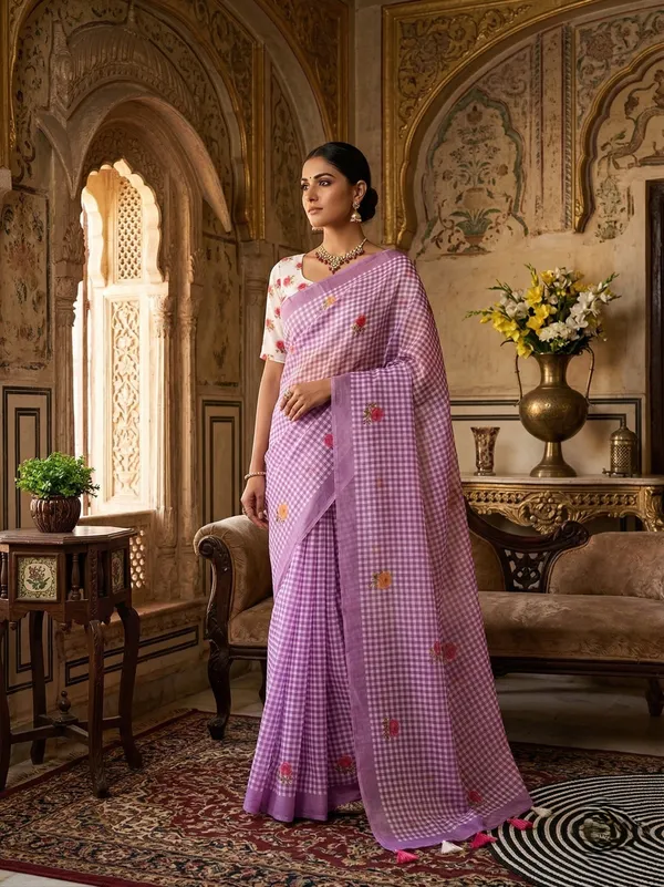 Royal_Purple_Check_Cotton_Saree_–_Floral_Embroidery_with_Blouse_Piece