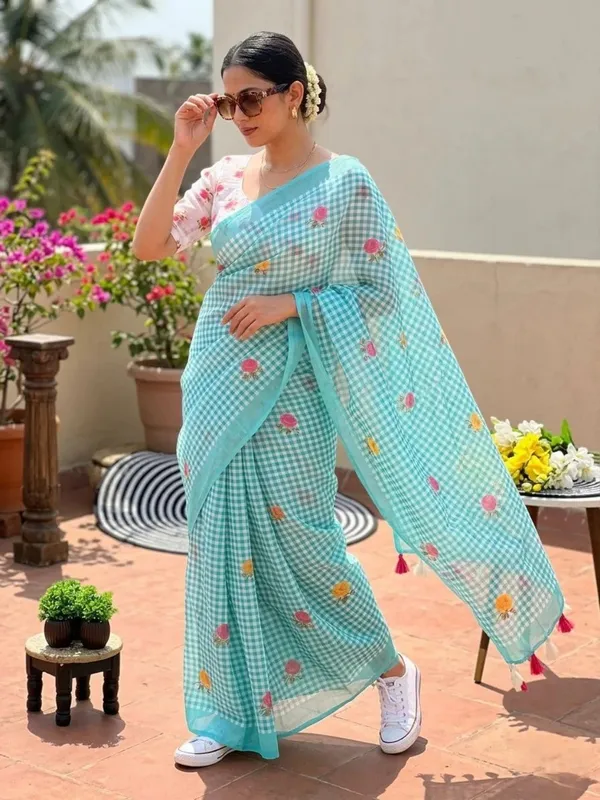 Sky_Blue_Check_Cotton_Saree_–_Floral_Embroidery_with_Blouse_Piece