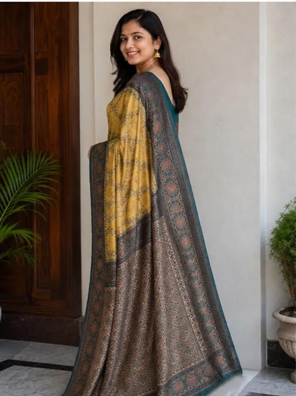 Vintage_Mustard_Gold_&_Teal_Grey_Jacquard_Silk_Saree_–_Antique_Floral_Zari_Border_Traditional_Saree_with_Blouse_Piece