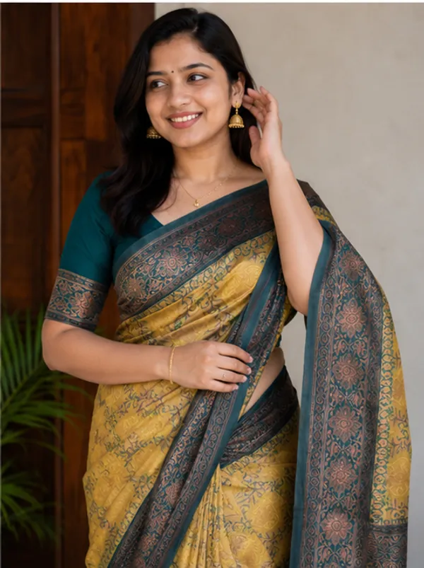 Vintage_Mustard_Gold_&_Teal_Grey_Jacquard_Silk_Saree_–_Antique_Floral_Zari_Border_Traditional_Saree_with_Blouse_Piece