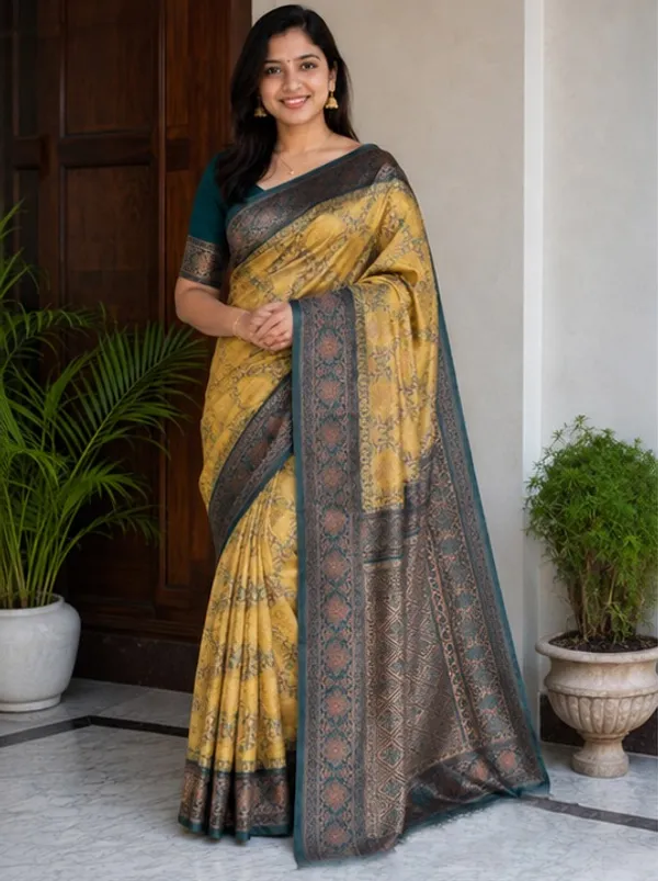 Vintage_Mustard_Gold_&_Teal_Grey_Jacquard_Silk_Saree_–_Antique_Floral_Zari_Border_Traditional_Saree_with_Blouse_Piece