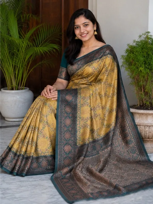 Vintage_Mustard_Gold_&_Teal_Grey_Jacquard_Silk_Saree_–_Antique_Floral_Zari_Border_Traditional_Saree_with_Blouse_Piece