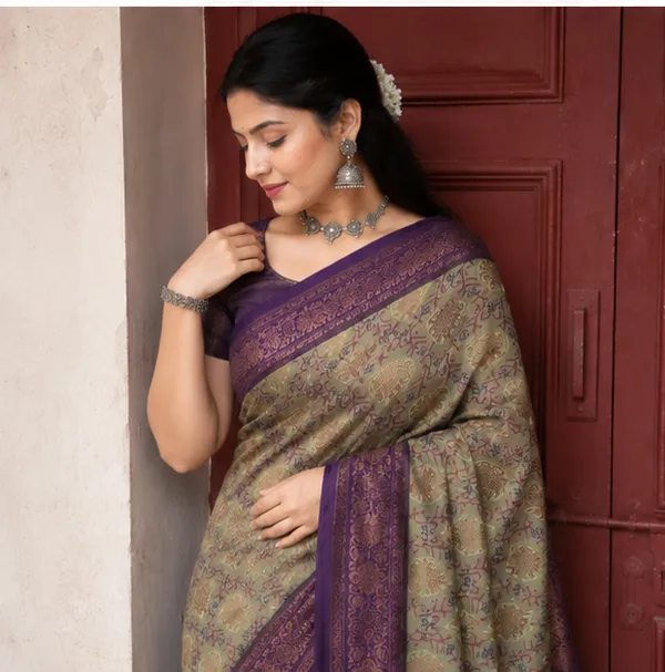 Vintage_Olive_Sage_&_Deep_Purple_Jacquard_Silk_Saree_–_Antique_Copper_Zari_Border_Traditional_Saree_with_Blouse_Piece