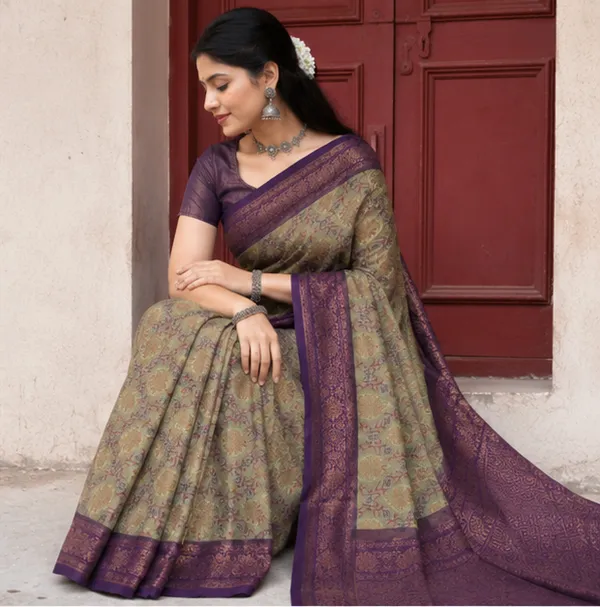 Vintage_Olive_Sage_&_Deep_Purple_Jacquard_Silk_Saree_–_Antique_Copper_Zari_Border_Traditional_Saree_with_Blouse_Piece