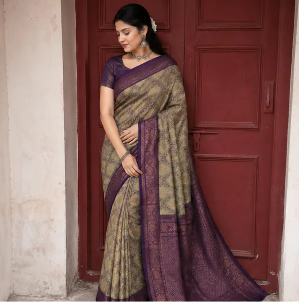 Vintage_Olive_Sage_&_Deep_Purple_Jacquard_Silk_Saree_–_Antique_Copper_Zari_Border_Traditional_Saree_with_Blouse_Piece