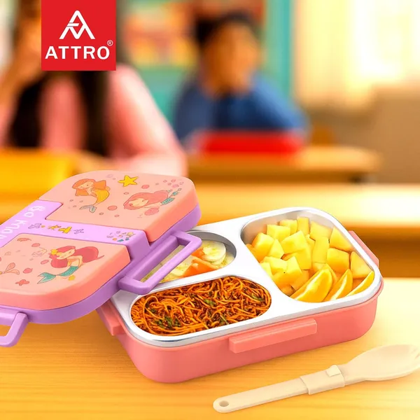 Tangy_Bite_Stainless_Steel_Lunch_Box_–_3_Compartment_Bento_Tiffin,_Leak-Proof_&_Durable,_Plastic_Spoon,_Ideal_for_Kids,_School,_Picnic–_Peach-_600ml-Mermaid_Theme