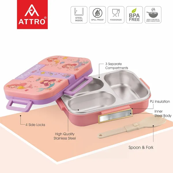 Tangy_Bite_Stainless_Steel_Lunch_Box_–_3_Compartment_Bento_Tiffin,_Leak-Proof_&_Durable,_Plastic_Spoon,_Ideal_for_Kids,_School,_Picnic–_Peach-_600ml-Mermaid_Theme