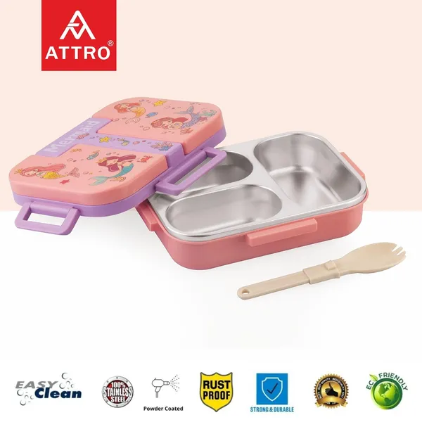 Tangy_Bite_Stainless_Steel_Lunch_Box_–_3_Compartment_Bento_Tiffin,_Leak-Proof_&_Durable,_Plastic_Spoon,_Ideal_for_Kids,_School,_Picnic–_Peach-_600ml-Mermaid_Theme