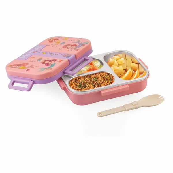 Tangy_Bite_Stainless_Steel_Lunch_Box_–_3_Compartment_Bento_Tiffin,_Leak-Proof_&_Durable,_Plastic_Spoon,_Ideal_for_Kids,_School,_Picnic–_Peach-_600ml-Mermaid_Theme