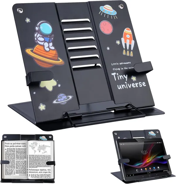 TARKAN_Metal_Book_Stand_for_Table,_Adjustable_6-Height_Reading_Stand_with_Anti-Skid_Base,_Space_Theme,_51_cm_Expandable_(Black)
