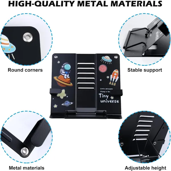 TARKAN_Metal_Book_Stand_for_Table,_Adjustable_6-Height_Reading_Stand_with_Anti-Skid_Base,_Space_Theme,_51_cm_Expandable_(Black)