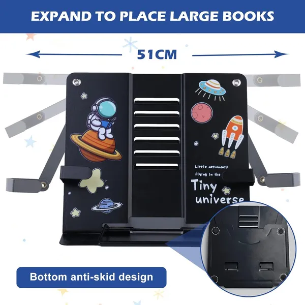 TARKAN_Metal_Book_Stand_for_Table,_Adjustable_6-Height_Reading_Stand_with_Anti-Skid_Base,_Space_Theme,_51_cm_Expandable_(Black)