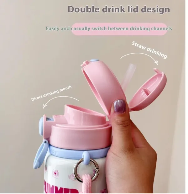 2_in_1_Cap_Water_Bottle_for_Kids,_Sipper_and_Spout_Dual_Caps_Bottle_for_Girls_Boys,_Water_Bottle_for_School,_Spill-Proof_500ML_(Happy_Strawberry_Red)