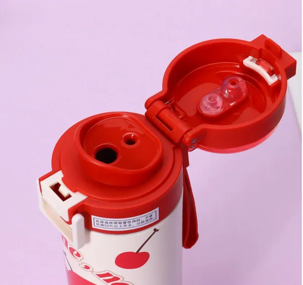 2_in_1_Cap_Water_Bottle_for_Kids,_Sipper_and_Spout_Dual_Caps_Bottle_for_Girls_Boys,_Water_Bottle_for_School,_Spill-Proof_500ML_(Happy_Strawberry_Red)