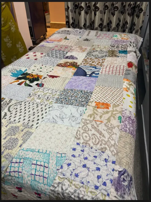 Katha_Work_Silk_Bedcover_(White_Printed)