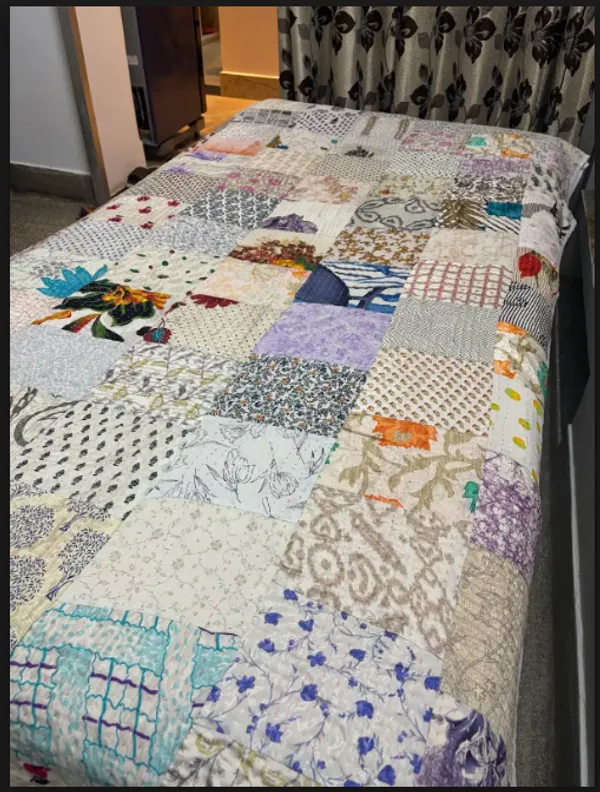 Katha_Work_Silk_Bedcover_(White_Printed)