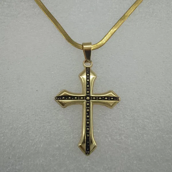 Gold_Stainless_Steel_Gothic_Black_Dotted_Cross_Pendant_Necklace_For_Men