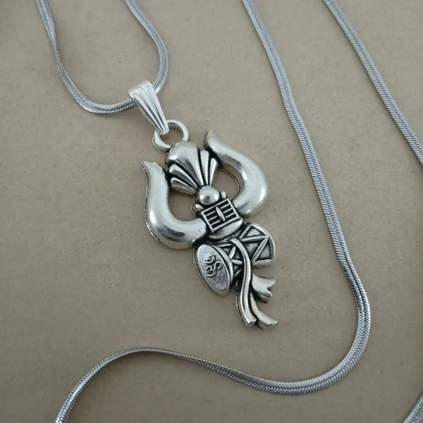 Lord_Shiva'S_Trishul_Damru_Pendant_Necklace_For_Women_Stainless_Steel_Anti_Tarnish_Oxidised_Silver_Finish_Mahadev_Locket_With_Snake_Chain_Antique_Spiritual_Devotional_Jewellery_Religious_Gift