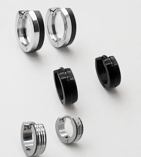 Silver_Black_Stainless_Steel_Huggie_Hoop_Earrings_Combo_Set_For_Men
