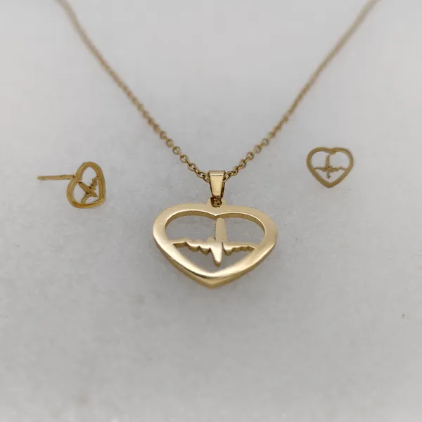 Gold_Plated_Anti_Tanrish_Stainless_Steel_Heartbeat_Pulse_Pendant_Necklace_And_Earrings_Set_For_Women_And_Girls
