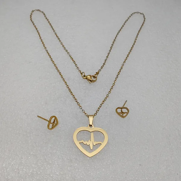 Gold_Plated_Anti_Tanrish_Stainless_Steel_Heartbeat_Pulse_Pendant_Necklace_And_Earrings_Set_For_Women_And_Girls