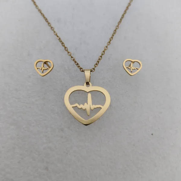 Gold_Plated_Anti_Tanrish_Stainless_Steel_Heartbeat_Pulse_Pendant_Necklace_And_Earrings_Set_For_Women_And_Girls